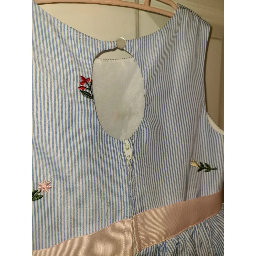 Zunie Sleeveless Floral Embroidered Petticoat Blue Stripe Pinstripe‎ Dress Sz 5